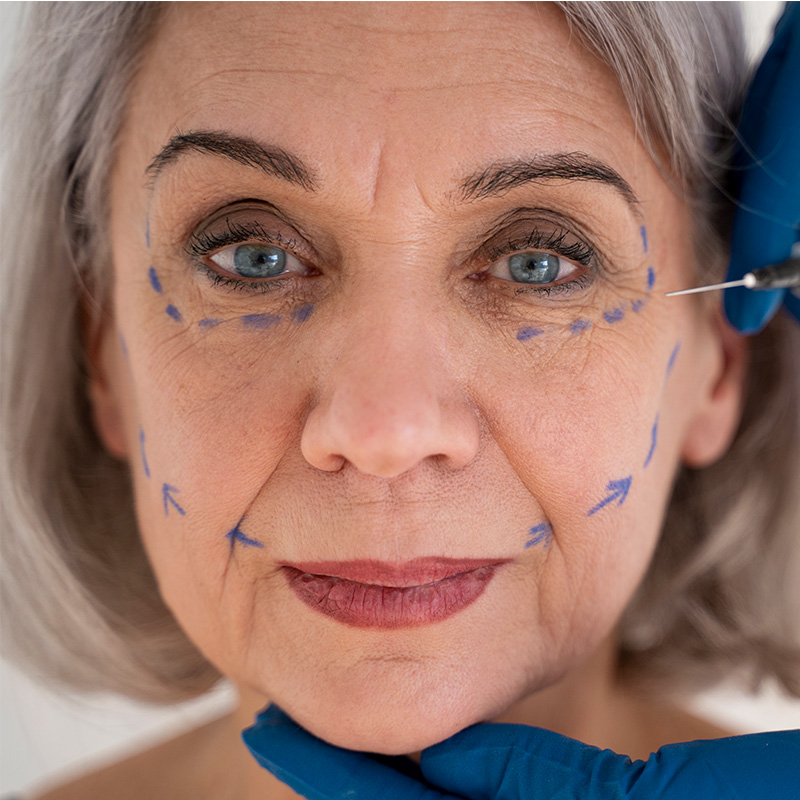 Mujer con marcas azules en el rostro para procedimiento de medicina estética facial.